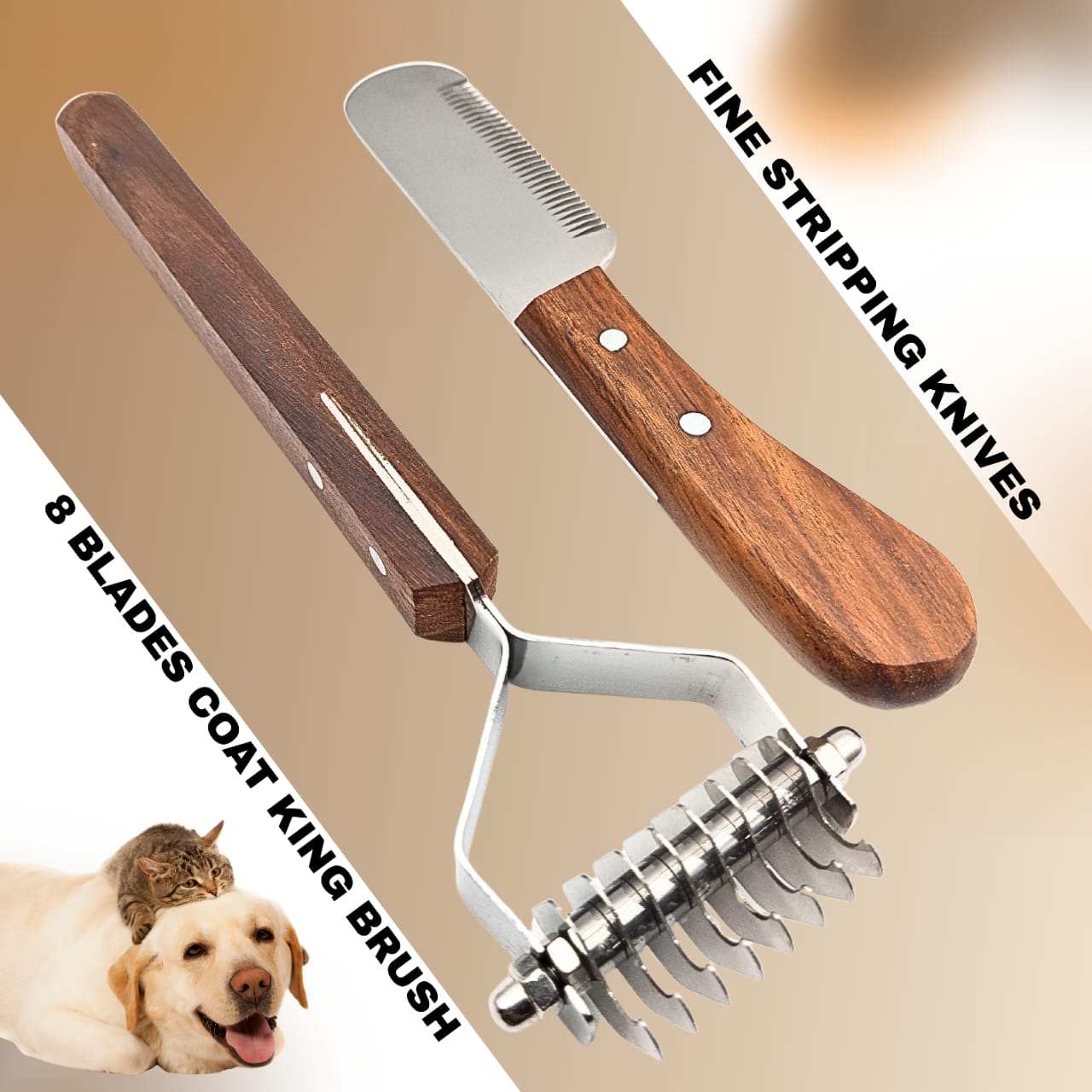 Stripping Knife & Coat King Brush Set – Professional Grooming Tools for Dogs & Cats | Wooden Handle, Stainless Steel Blades