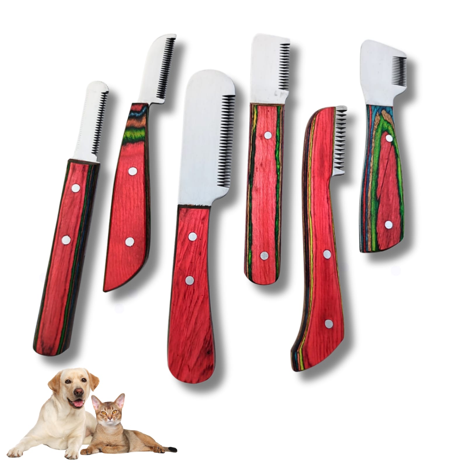 Pet Grooming Knife Set – Perfect for Your Pets Hair Care | 6 PCS Stainless Steel Tools with Multi\Red Wooden Handle