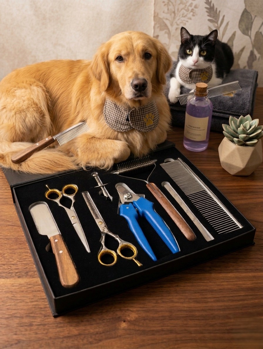 Dog Grooming Kit – Stripping Knife, Scissors, Nail Clipper, Tick Remover, Dematting Rake, Comb & Nail File | Complete Pet Care Gift Box